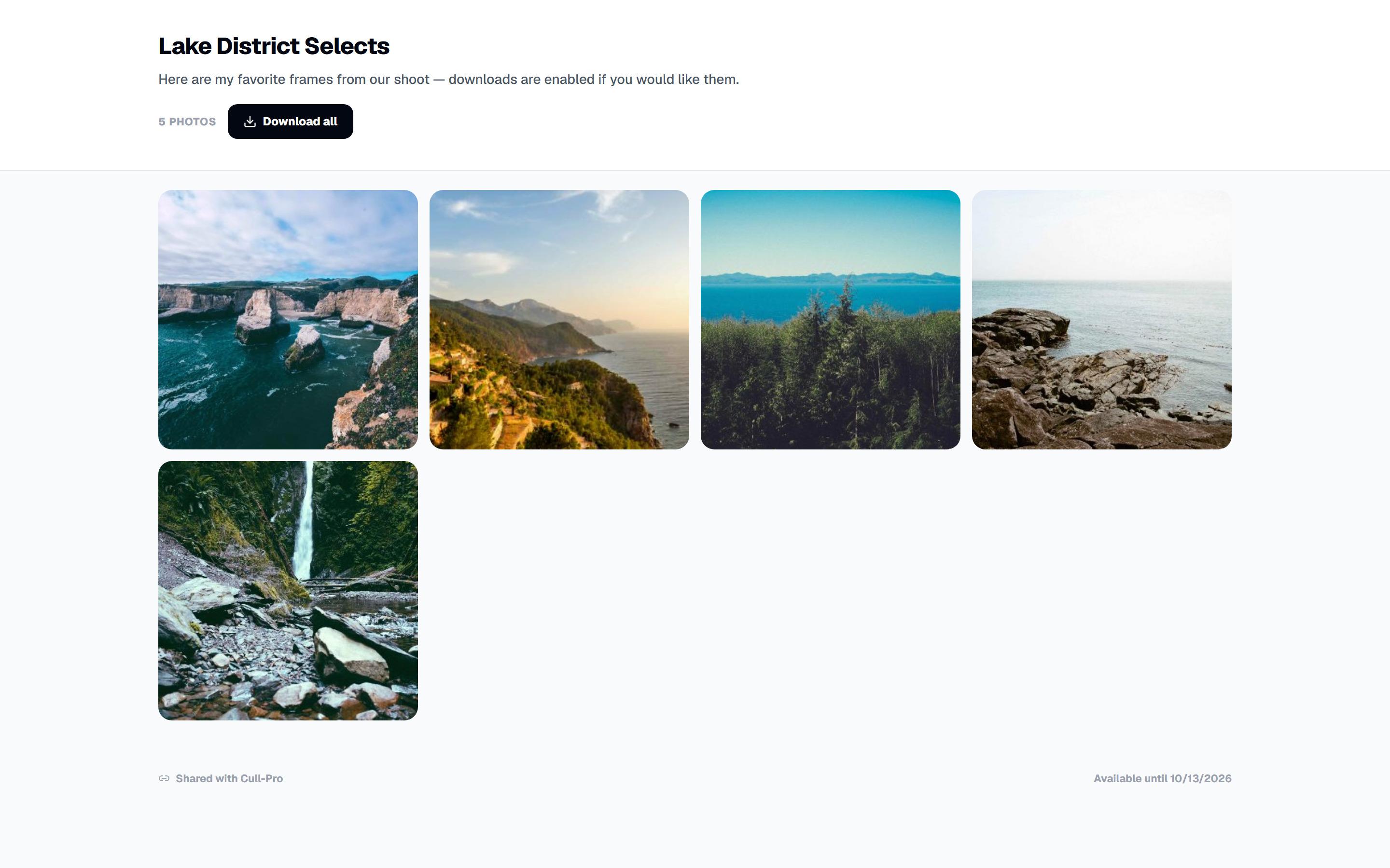 A Cull-Pro client gallery showing a five-photo selects grid with a Download all button