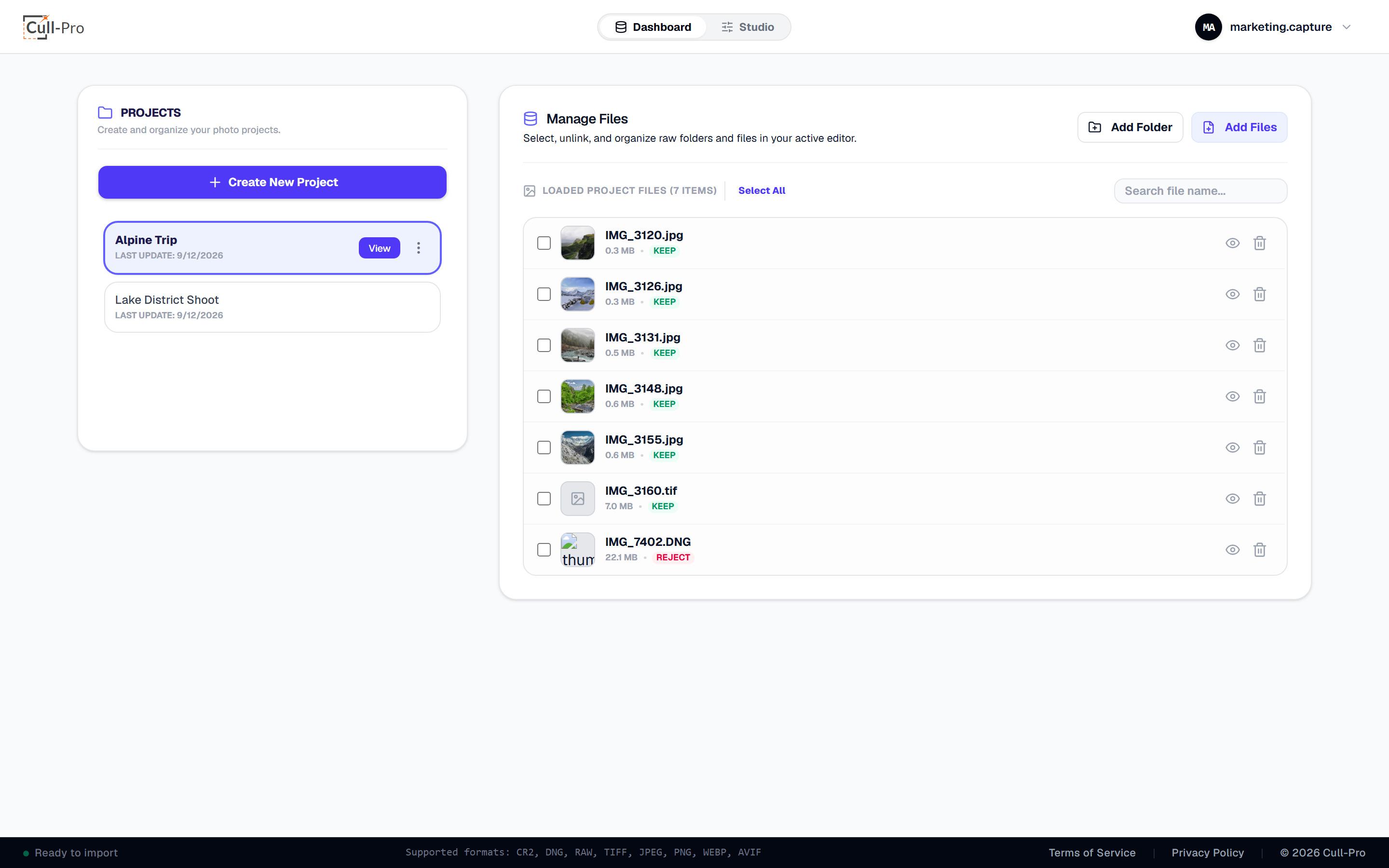 Cull-Pro dashboard with projects and file management