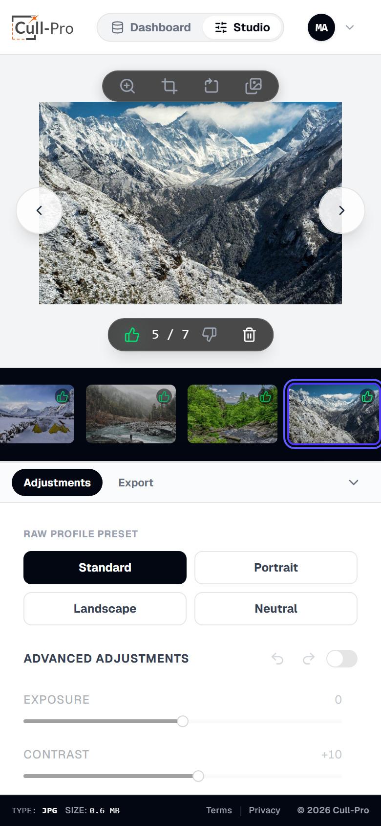 Cull-Pro mobile view with the adjustments bottom sheet