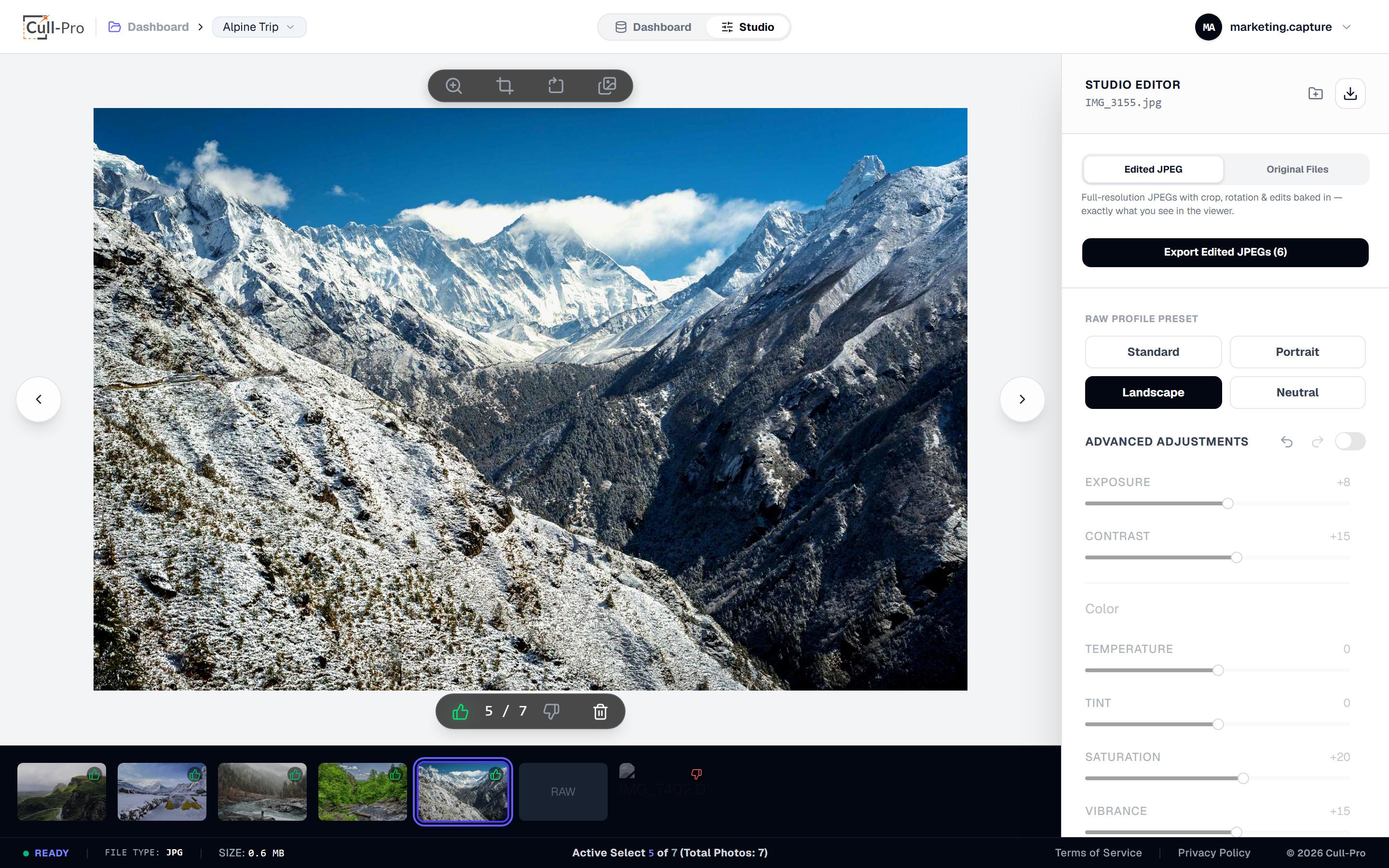 Cull-Pro adjustments panel with the Landscape look applied to a mountain photo