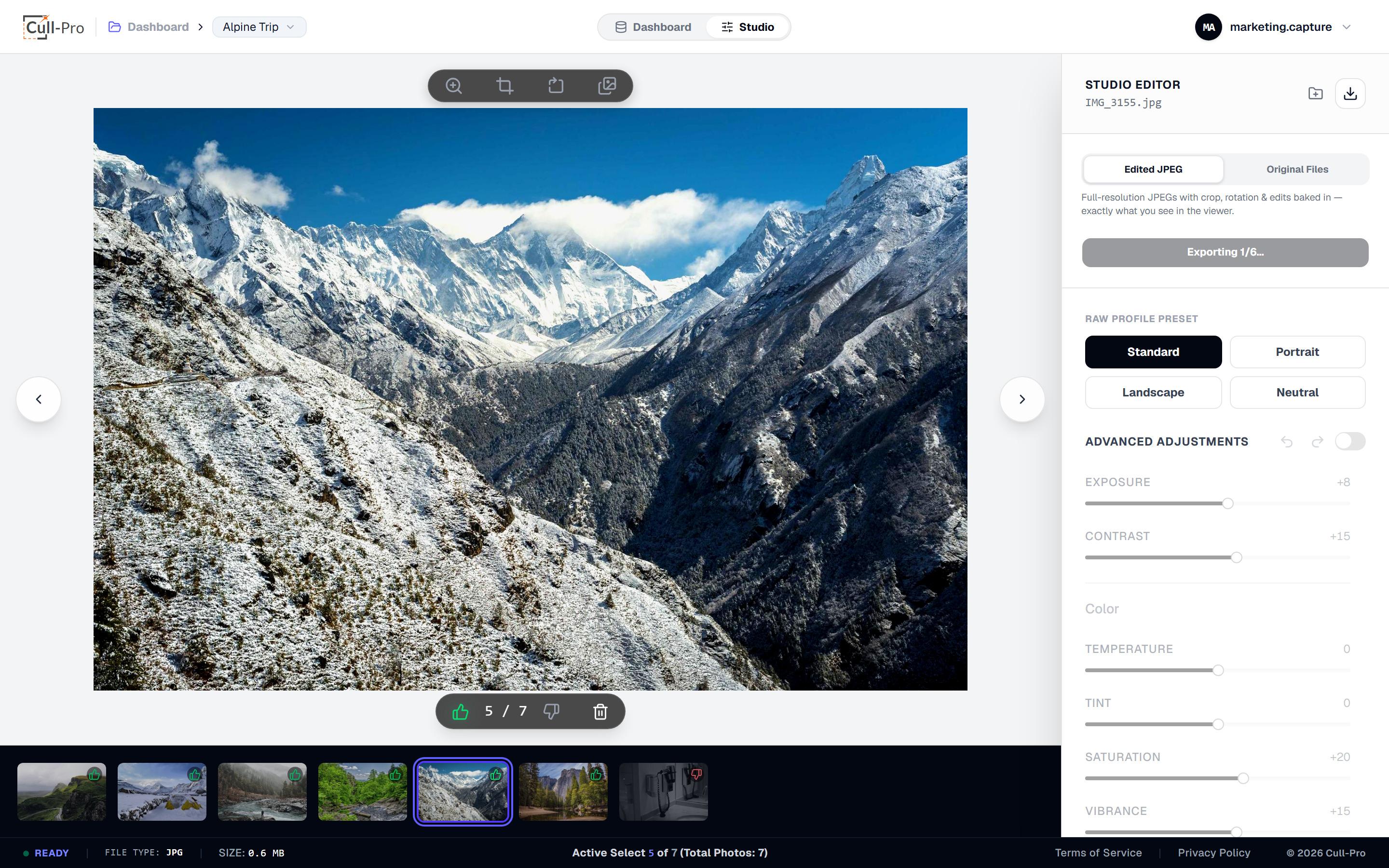 Cull-Pro exporting kept photos as edited JPEGs with live progress