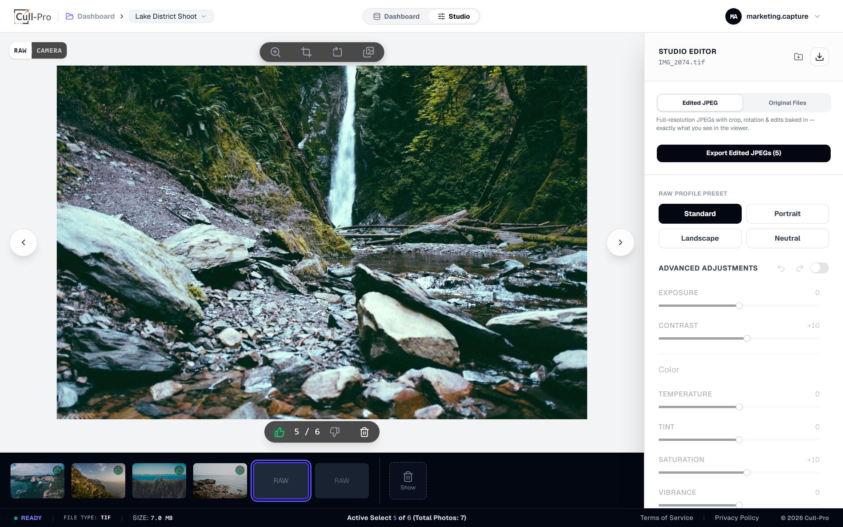 Cull-Pro showing a TIFF photo with the RAW and Camera preview toggle