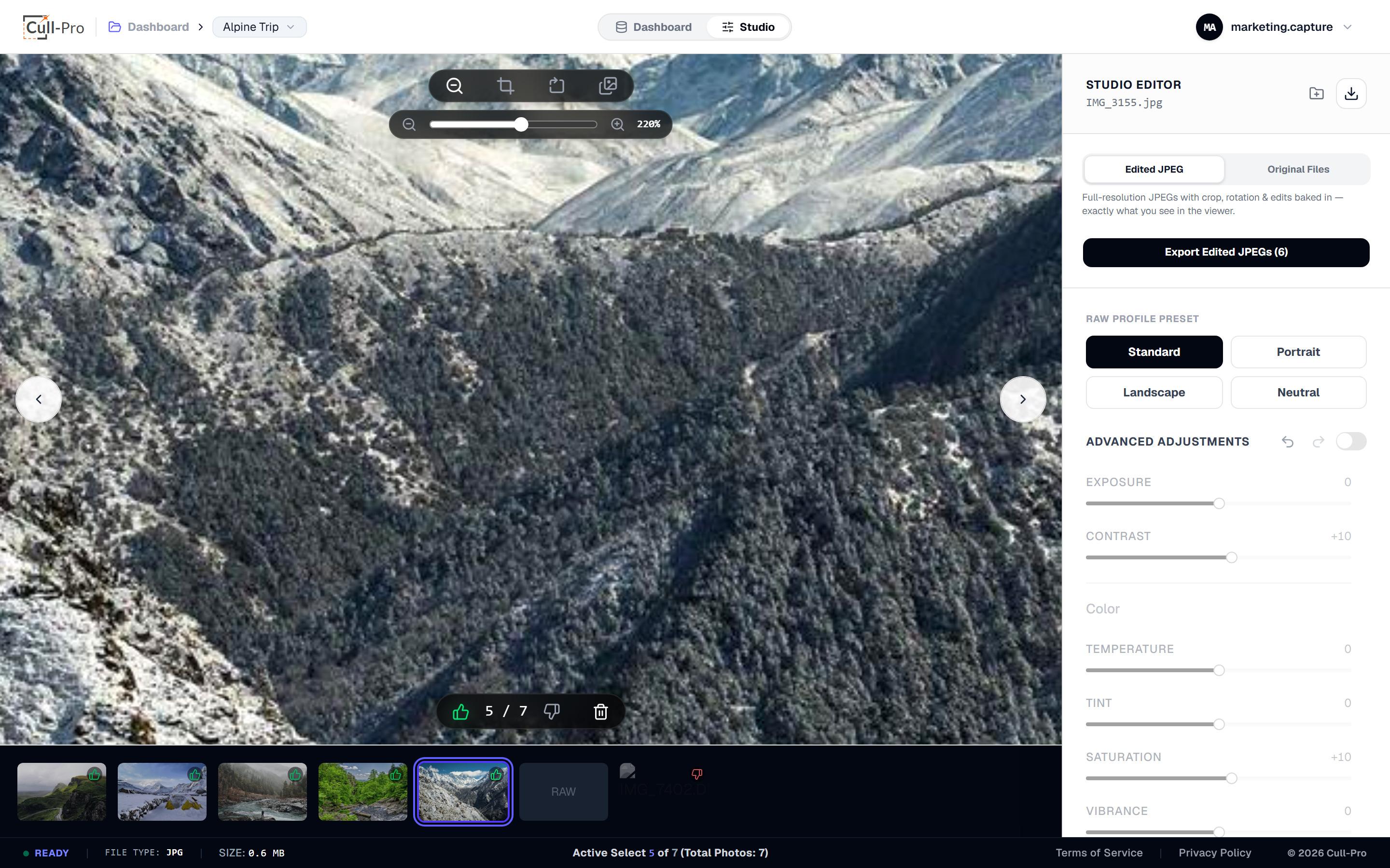 Cull-Pro viewer zoomed to 220% into a snow-capped mountain photo