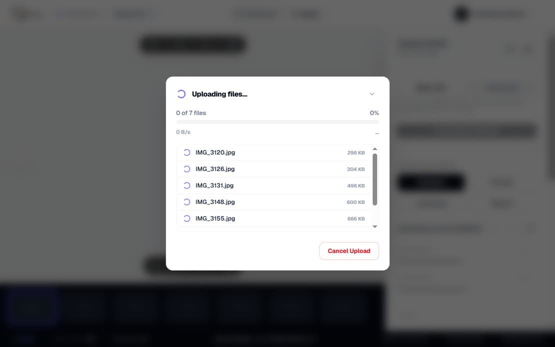Cull-Pro upload progress dialog with per-file rows