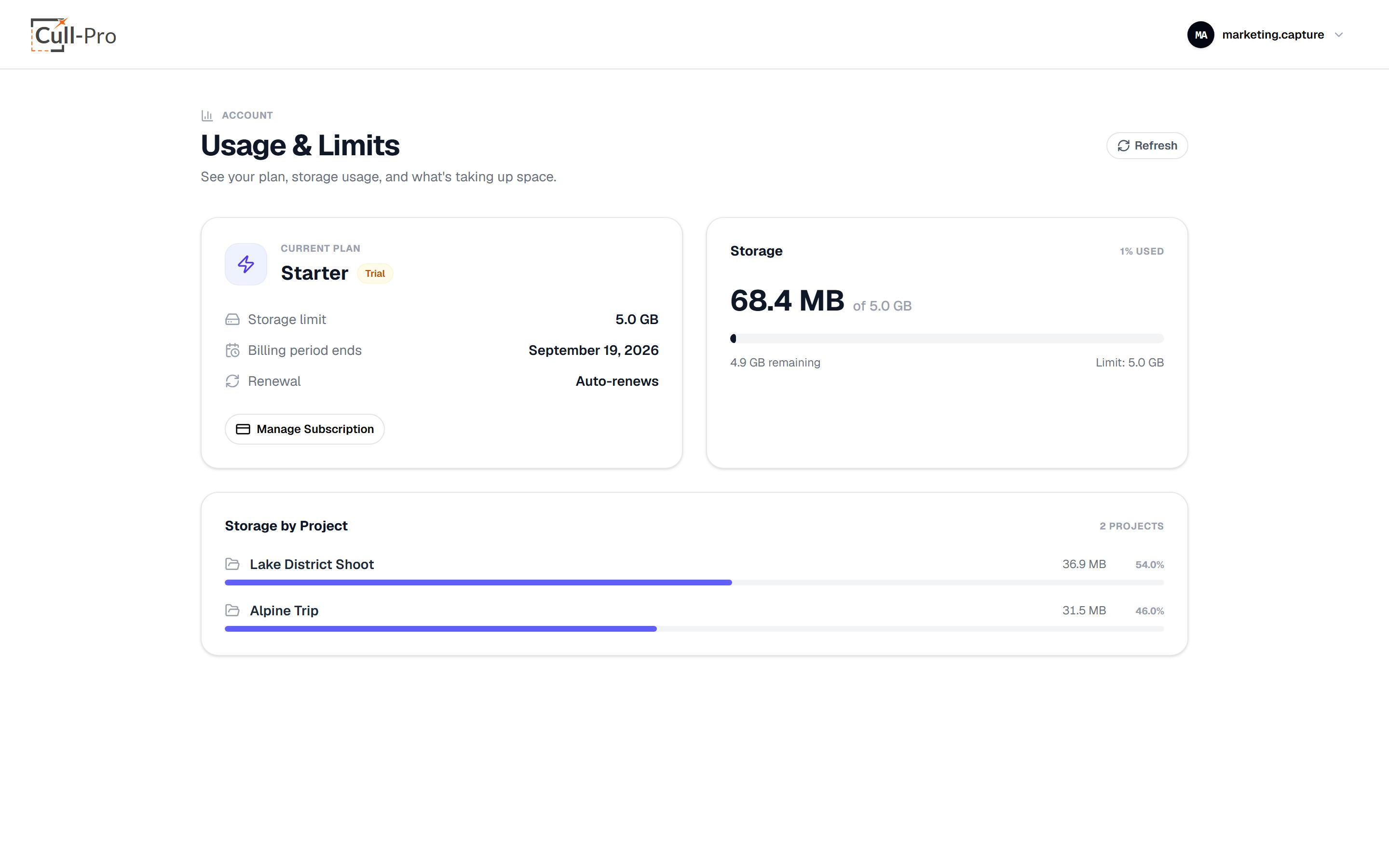 Cull-Pro usage page showing plan, storage used and per-project breakdown