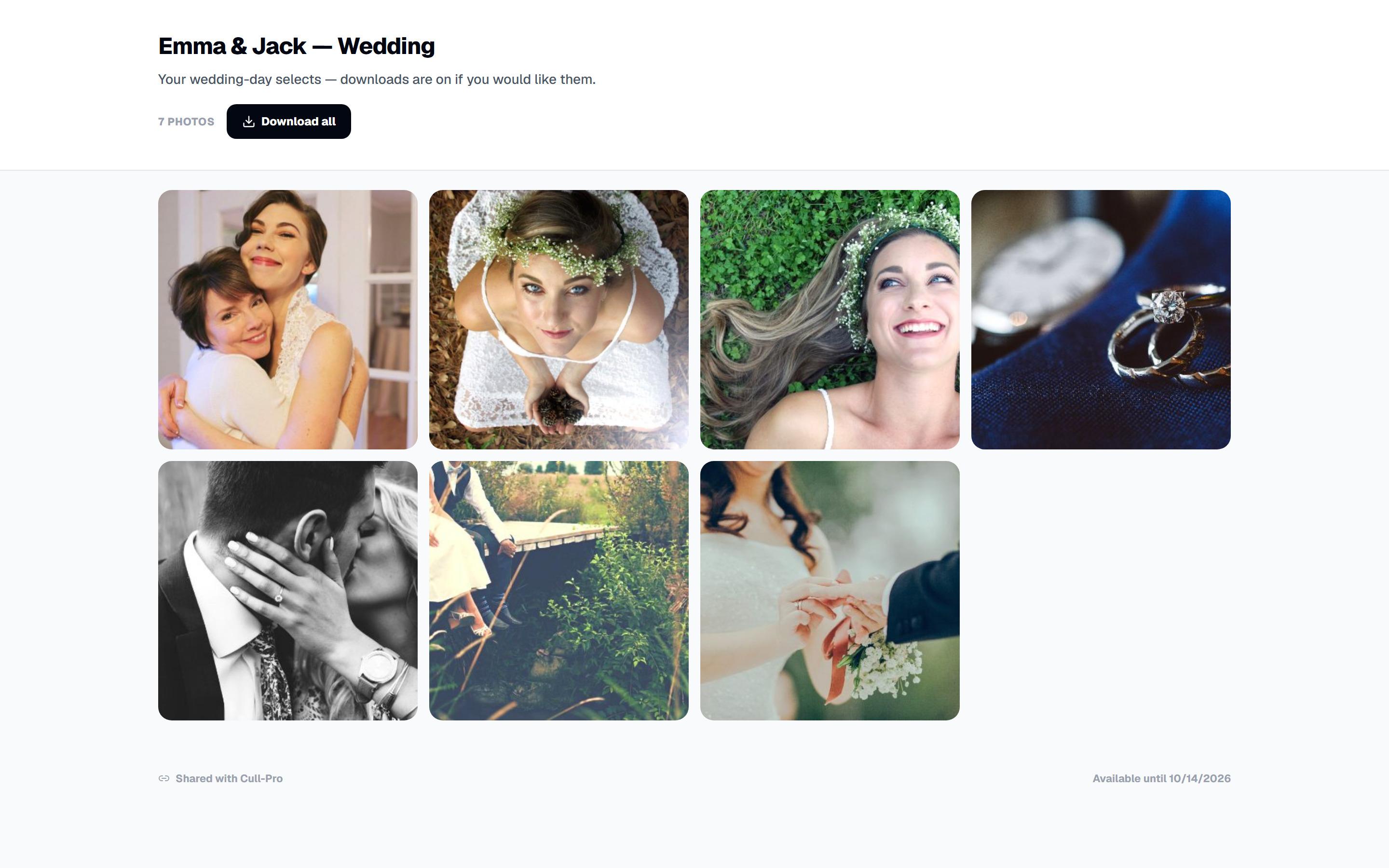 A private client gallery of wedding selects with a Download all button
