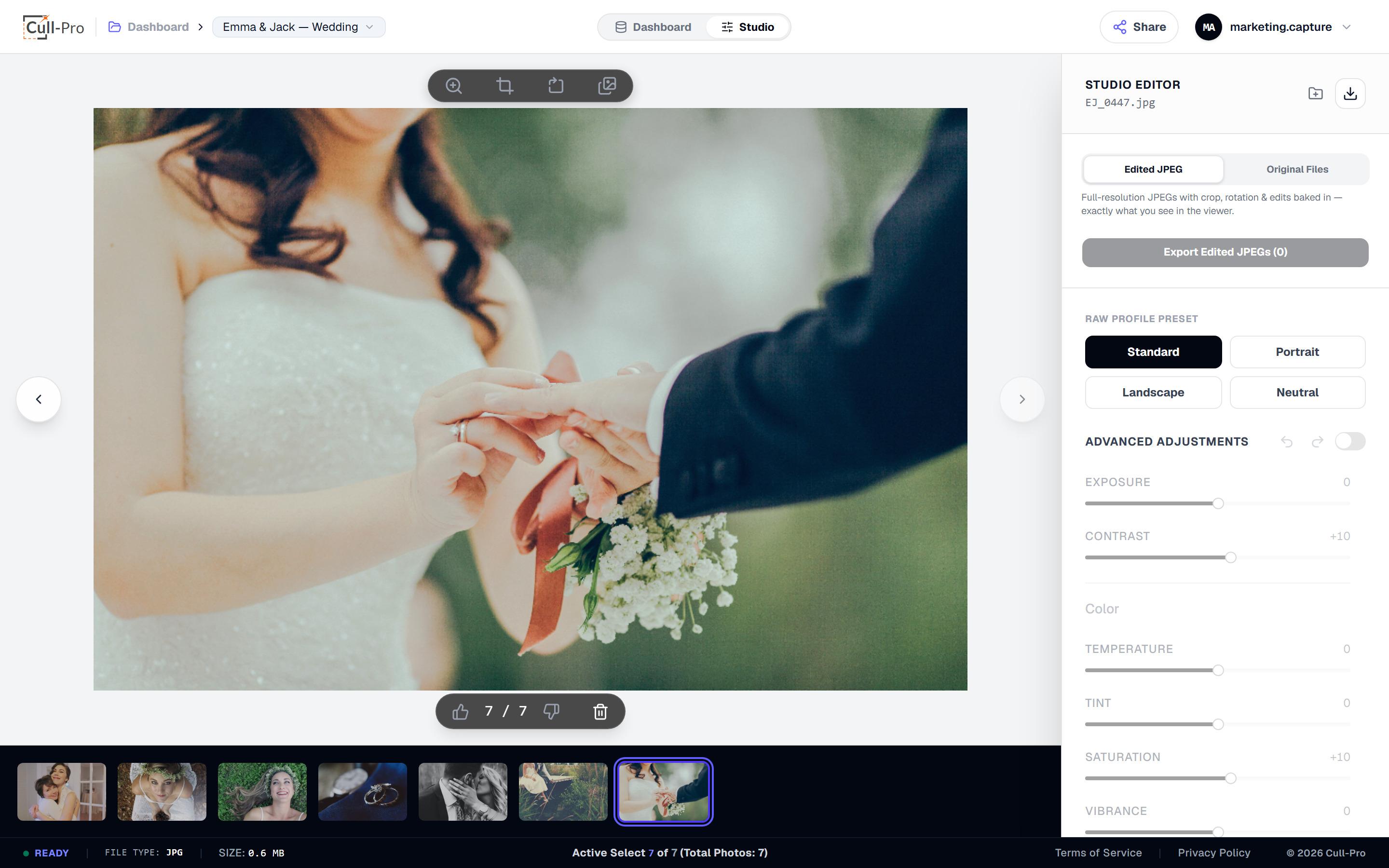 Cull-Pro studio view reviewing a wedding photo during a cull session
