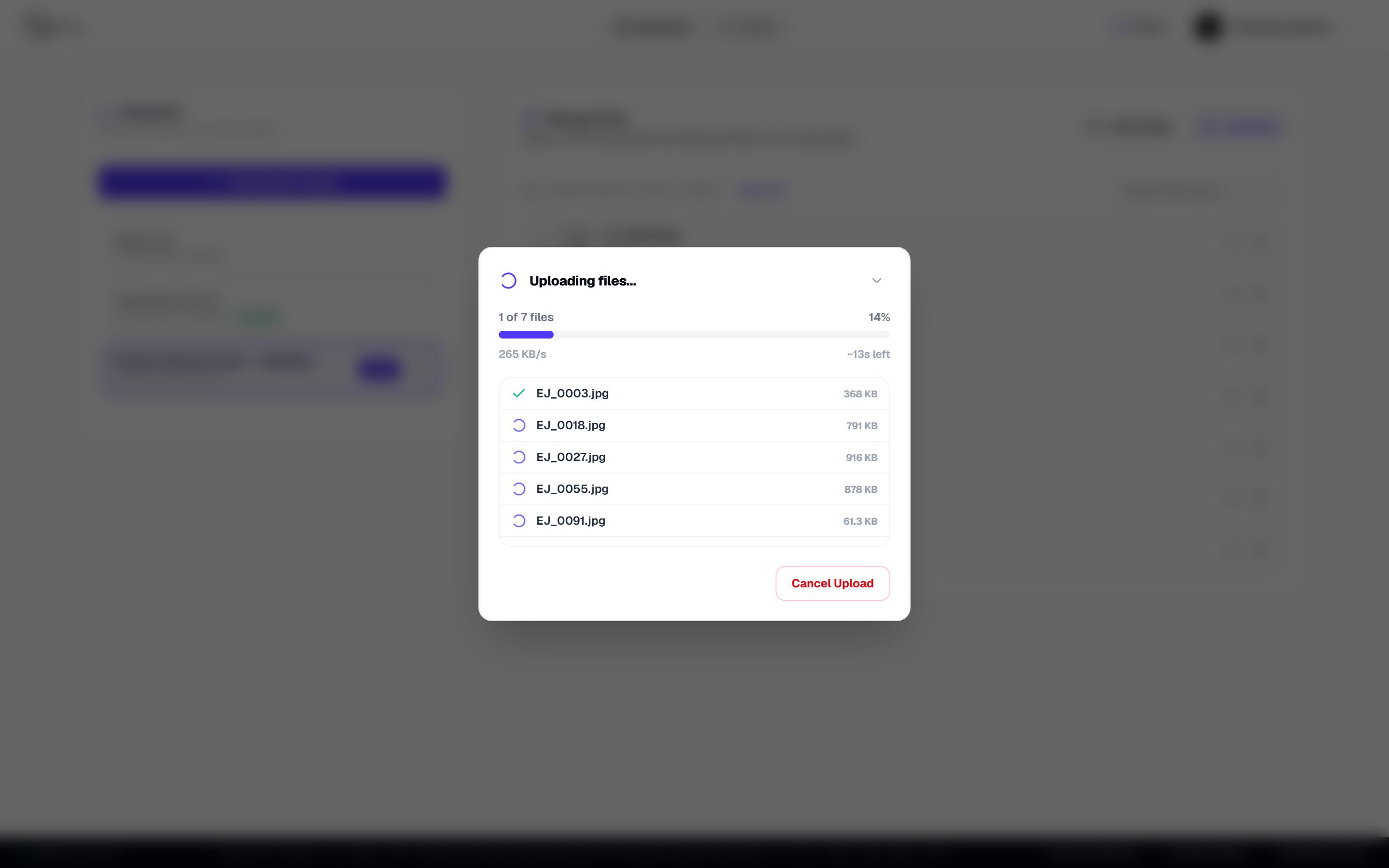 Uploading a full wedding shoot to Cull-Pro with per-file progress rows