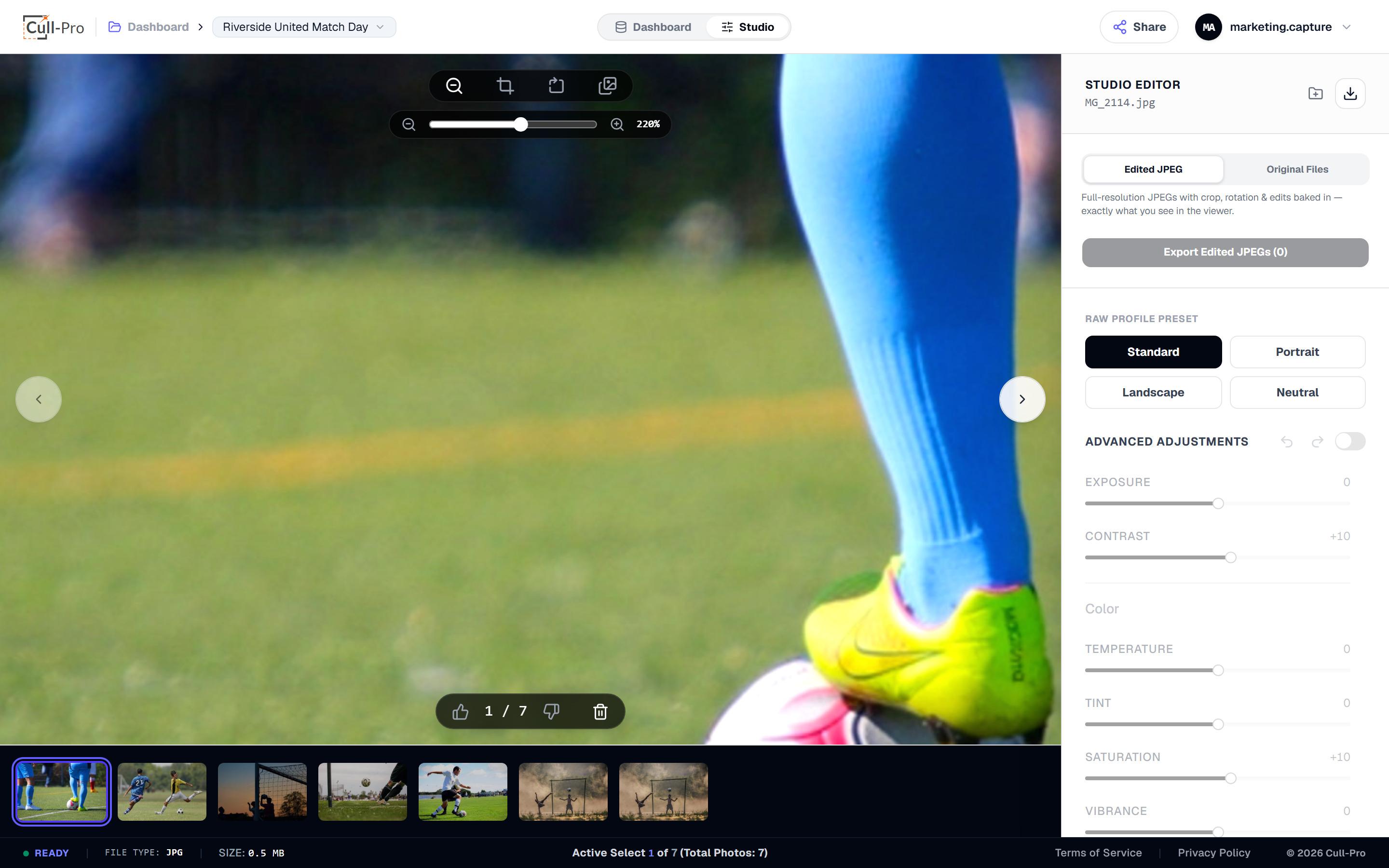 Zooming into a sports frame at 220% to check focus in Cull-Pro