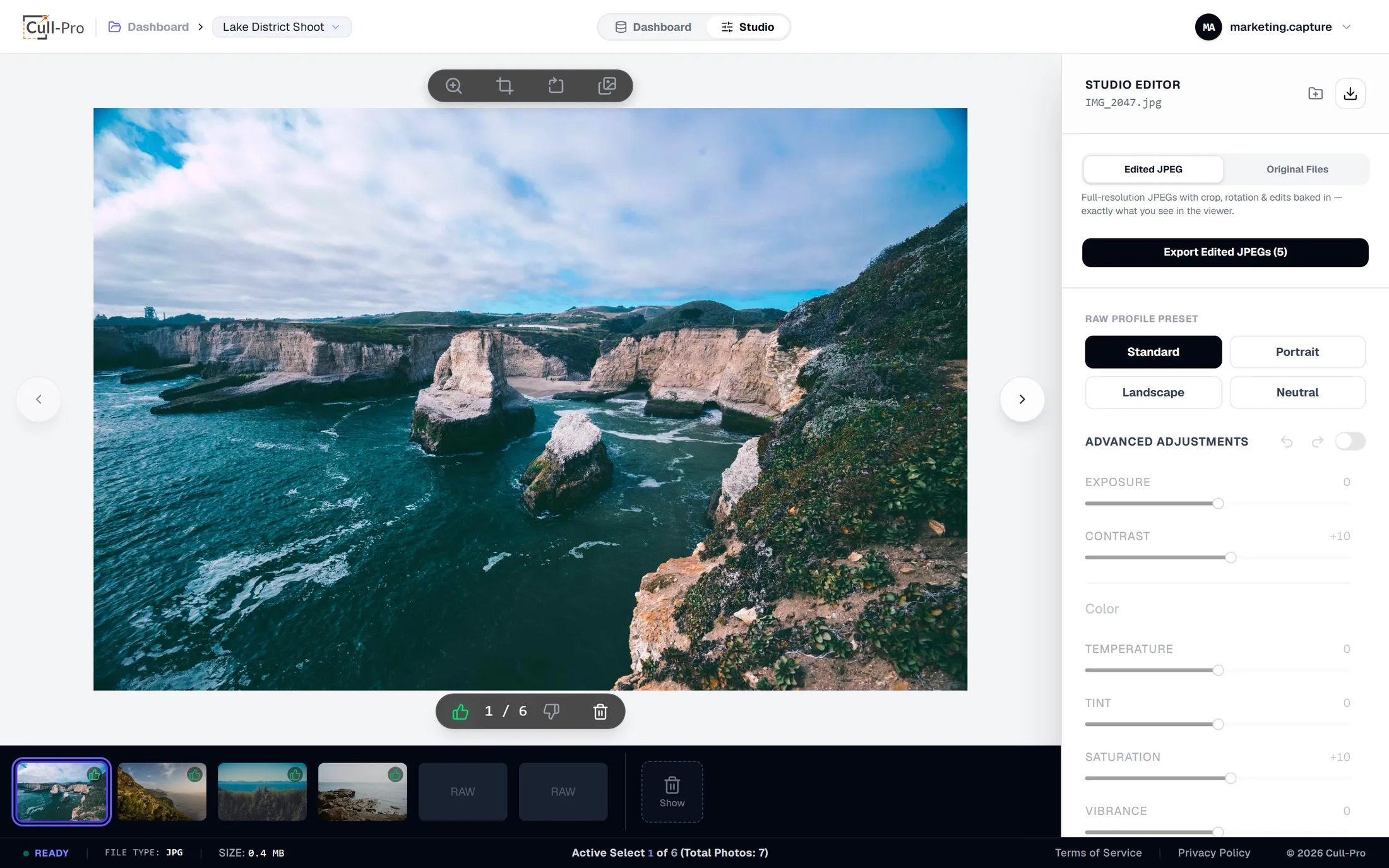 Cull-Pro Studio view culling a landscape shoot with keep and reject states